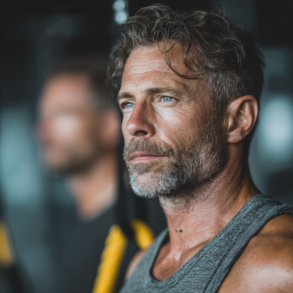 Confident mature man in his 40s performing functional training exercises with focus and determination in a modern gym setting