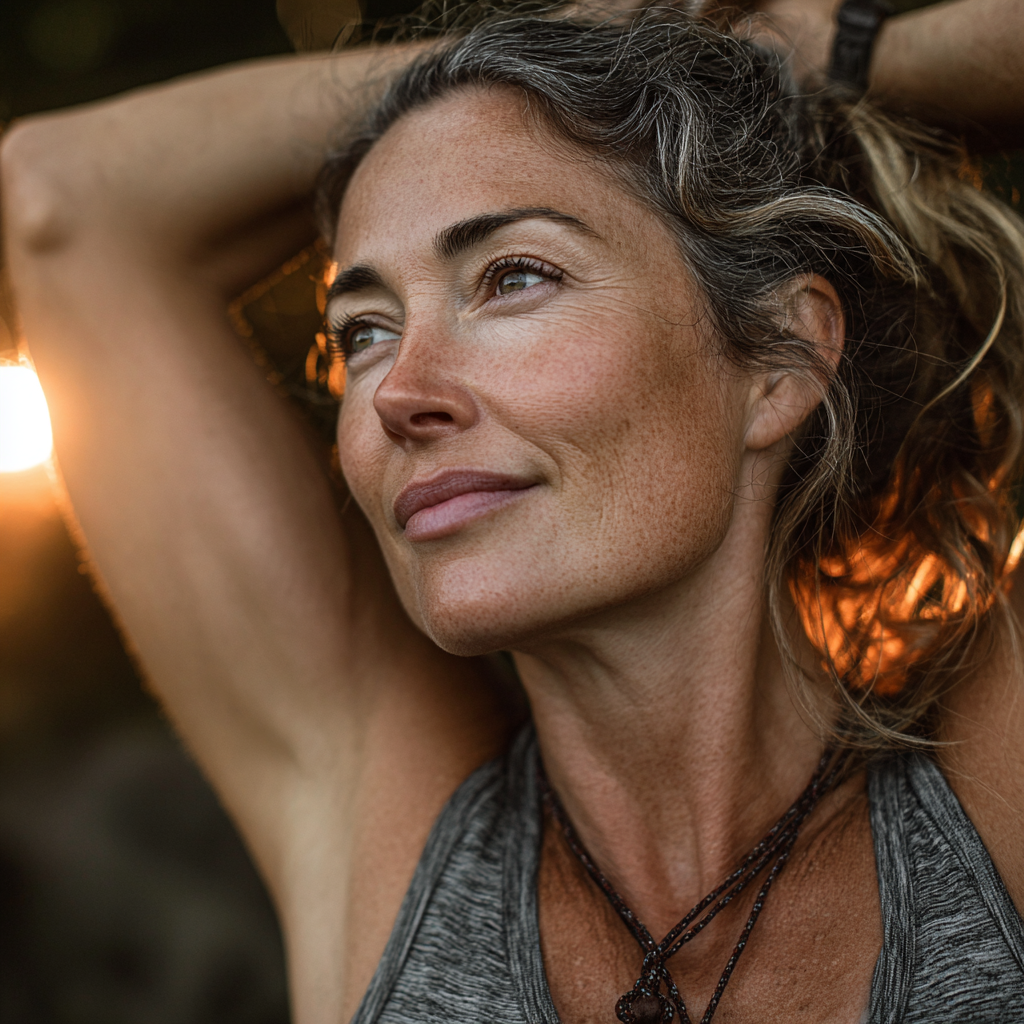 Energetic woman in her late 40s stretching outdoors after workout, showing flexibility and wellness, surrounded by natural environment